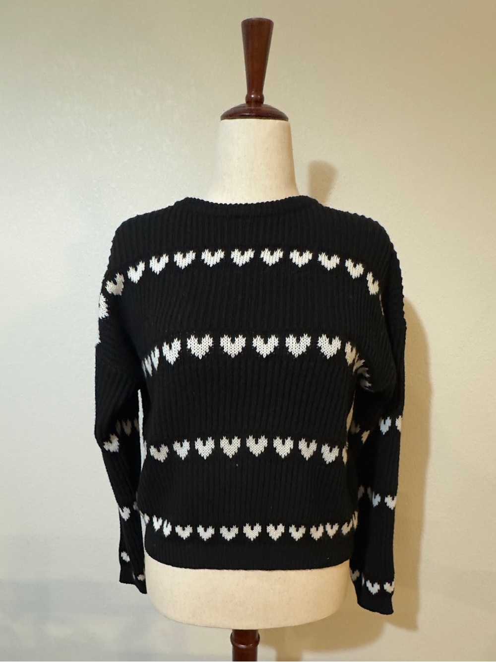 Aster Black Crewneck Sweater with White Heart Pattern